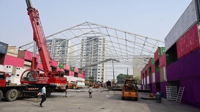 The stage being erected made up of cargo shipping containers (HT Photo) The stage being erected made up of cargo shipping containers (HT Photo)