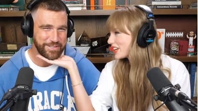 Travis Kelce and Taylor Swift on the New Heights podcast (Photo: X)