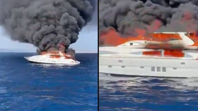 A luxury superyacht burst into flames and sank off the coast of Spain. A luxury superyacht burst into flames and sank off the coast of Spain.