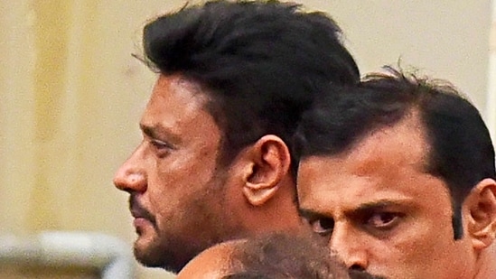 Kannada actor Darshan Thugadeepa being taken to a hospital for medical check up, Bengaluru on June 11, 2024. (PTI file)