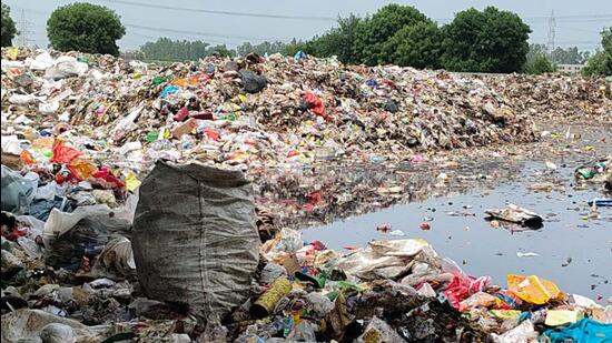 Garbage dumped at Gurugram-Farukhnagar road near Sultanpur National Park in Gurugram on Wednesday. (HT Photo)