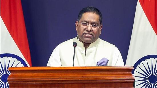 MEA spokesperson Randhir Jaiswal addresses a press conference, in New Delhi on Thursday. (ANI)