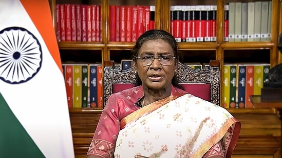 President Droupadi Murmu addresses the nation on the eve of the 79th Independence Day, on Thursday, August 14 2025. (Sansad TV)