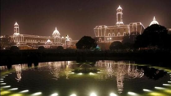 The Raisina Hill illuminated during a ceremony in New Delhi (Virendra Singh Gosain/HT Photo)
