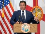 Florida Governor Ron DeSantis gestures during a news conference Tuesday, Aug. 12, 2025, in Tampa, Fla. (AP Photo/Chris O'Meara)