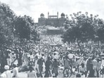 People line up outside the Red Fort in New Delhi on August 15, 1947, to hear Pandit Jawaharlal Nehru address the nation from the ramparts of the iconic monument. Over the years, the venue has become the centre stage of Independence Day celebrations in the country.