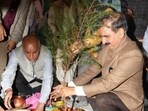 Himachal chief minster Sukhvinder Singh Sukhu planting a sapling on Thursday. (HT Photo) Himachal chief minster Sukhvinder Singh Sukhu planting a sapling on Thursday. (HT Photo)
