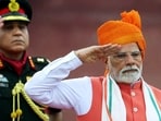 Prime Minister Narendra Modi salutes during address to the nation from the ramparts of Red Fort on 79th Independence Day. (ANI)