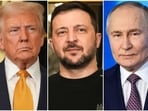 In this combination of file photos, U.S. President Donald Trump, left, and Ukraine's President Volodymyr Zelenskyy, center.