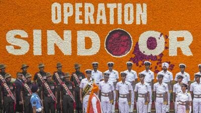 A large banner reading ‘Nation First’ with the Operation Sindoor logo in the top right corner formed the backdrop for a display. (PTI file photo) A large banner reading ‘Nation First’ with the Operation Sindoor logo in the top right corner formed the backdrop for a display. (PTI file photo)