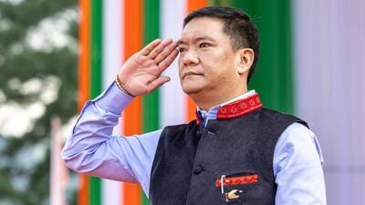 Arunachal Pradesh chief minister Pema Khandu addresses the 79th Independence Day celebrations at IG Park in Itanagar. (Sourced) Arunachal Pradesh chief minister Pema Khandu addresses the 79th Independence Day celebrations at IG Park in Itanagar. (Sourced)
