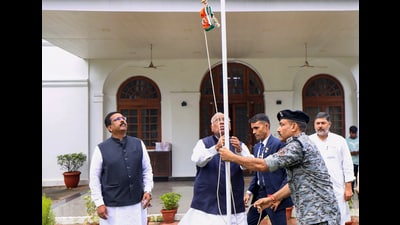 Congress president Mallikarjun Kharge hoists the national flag during the 79th Independence Day celebration in New Delhi. (PTI) Congress president Mallikarjun Kharge hoists the national flag during the 79th Independence Day celebration in New Delhi. (PTI)