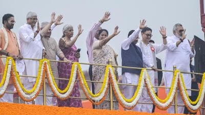 Delhi chief minister Rekha Gupta with Union ministers Nirmala Sitharaman, Ashwini Vaishnaw, Kiren Rijiju, Pralhad Joshi, and Gajendra Singh Shekhawat during the 79th Independence Day celebrations at Red Fort in New Delhi on Friday. (RAJ K RAJ /HT PHOTO) Delhi chief minister Rekha Gupta with Union ministers Nirmala Sitharaman, Ashwini Vaishnaw, Kiren Rijiju, Pralhad Joshi, and Gajendra Singh Shekhawat during the 79th Independence Day celebrations at Red Fort in New Delhi on Friday. (RAJ K RAJ /HT PHOTO)