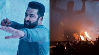 Jr NTR's fans brought a flamethrower to a theatre to celebrate the release of War 2. Jr NTR's fans brought a flamethrower to a theatre to celebrate the release of War 2.