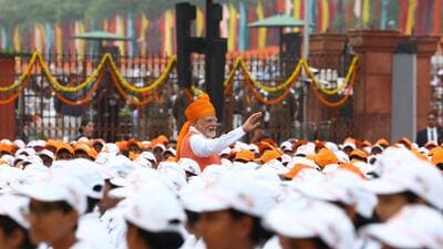 Modi also pointed to the rising participation of women through self-help groups (SHGs) and the government’s flagship Namo Drone Didi scheme. (REUTERS) Modi also pointed to the rising participation of women through self-help groups (SHGs) and the government’s flagship Namo Drone Didi scheme. (REUTERS)