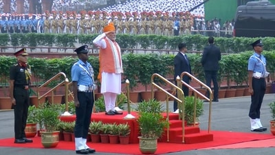 Prime Minister Narendra Modi being accorded a Guard of Honour during the 79th Independence Day celebration at the Red Fort, in New Delhi. (PMO) Prime Minister Narendra Modi being accorded a Guard of Honour during the 79th Independence Day celebration at the Red Fort, in New Delhi. (PMO)