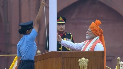 Prime Minister Narendra Modi hoists the national flag during the 79th Independence Day celebration at the Red Fort, in New Delhi. (PMO) Prime Minister Narendra Modi hoists the national flag during the 79th Independence Day celebration at the Red Fort, in New Delhi. (PMO)