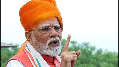 Prime Minister Narendra Modi addresses the nation from the ramparts of Red Fort on 79th Independence Day, in New Delhi on Friday. (ANI)