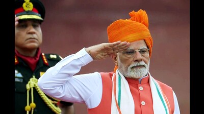 Prime Minister Narendra Modi salutes during address to the nation from the ramparts of Red Fort on 79th Independence Day. (ANI Grab) Prime Minister Narendra Modi salutes during address to the nation from the ramparts of Red Fort on 79th Independence Day. (ANI Grab)