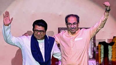 The cousins, Uddhav Thackeray and Raj Thackeray, reunited for a political rally for the first time in two decades last month when they held a joint one in Mumbai over the Marathi language row. (AFP File) The cousins, Uddhav Thackeray and Raj Thackeray, reunited for a political rally for the first time in two decades last month when they held a joint one in Mumbai over the Marathi language row. (AFP File)