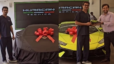 A doctor collected a ₹4-crore Lamborghini Huracan Tecnica in surgical scrubs, creating a moment that wowed the internet. (Instagram/drrahilchaudhary) A doctor collected a ₹4-crore Lamborghini Huracan Tecnica in surgical scrubs, creating a moment that wowed the internet. (Instagram/drrahilchaudhary)