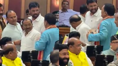 The video, which has now gone viral, shows BJP MLA from Mathura Rajesh Chaudhary engaged in a verbal clash with his fellow party MLA from Varanasi, Saurabh Srivastava (Screegrab) (X/@yadavakhilesh) The video, which has now gone viral, shows BJP MLA from Mathura Rajesh Chaudhary engaged in a verbal clash with his fellow party MLA from Varanasi, Saurabh Srivastava (Screegrab) (X/@yadavakhilesh)