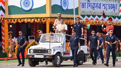 Assam chief minister Himanta Biswa Sarma inspects a Guard of Honour during the 79th Independence Day celebration, in Guwahati, Friday, Aug. 15, 2025. (PTI) Assam chief minister Himanta Biswa Sarma inspects a Guard of Honour during the 79th Independence Day celebration, in Guwahati, Friday, Aug. 15, 2025. (PTI)