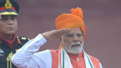 Prime Minister Narendra Modi at Red Fort during Independence Day 2025 celebrations on Friday. (Source: DD) Prime Minister Narendra Modi at Red Fort during Independence Day 2025 celebrations on Friday. (Source: DD)