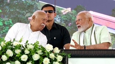 Prime Minister Narendra Modi in a conversation with Rashtriya Swayamsevak Sangh (RSS) chief Mohan Bhagwat in Nagpur. (PMO file) Prime Minister Narendra Modi in a conversation with Rashtriya Swayamsevak Sangh (RSS) chief Mohan Bhagwat in Nagpur. (PMO file)