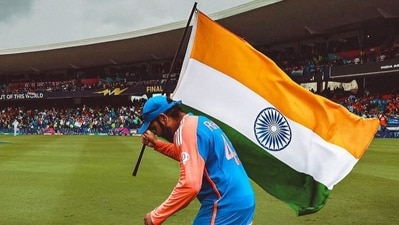 Rohit Sharma hoisting the Indian flag after T20 World Cup win in Barbados (X/Rohit Sharma) Rohit Sharma hoisting the Indian flag after T20 World Cup win in Barbados (X/Rohit Sharma)