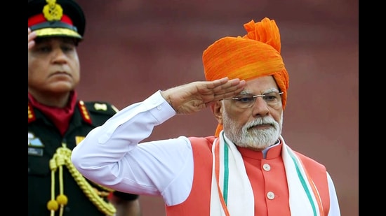 Prime Minister Narendra Modi salutes during address to the nation from the ramparts of Red Fort on 79th Independence Day. (ANI)