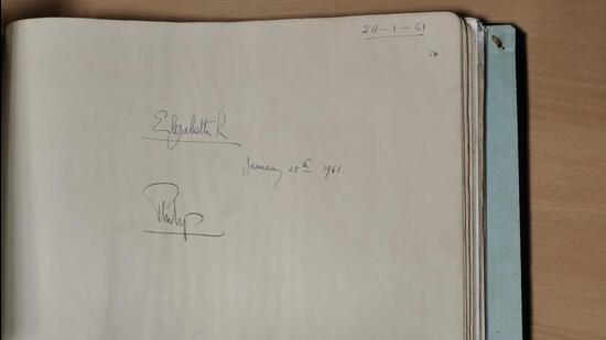 The Town Hall’s visitors’ book with the signature of Queen Elizabeth.
