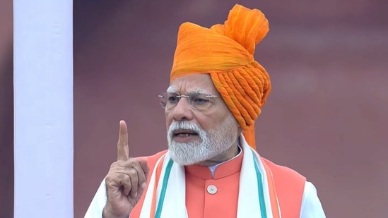 Prime Minister Narendra Modi addresses the nation from the Red Fort on the occasion of the 79th Independence Day, in New Delhi, Friday, Aug. 15, 2025. (PMO)