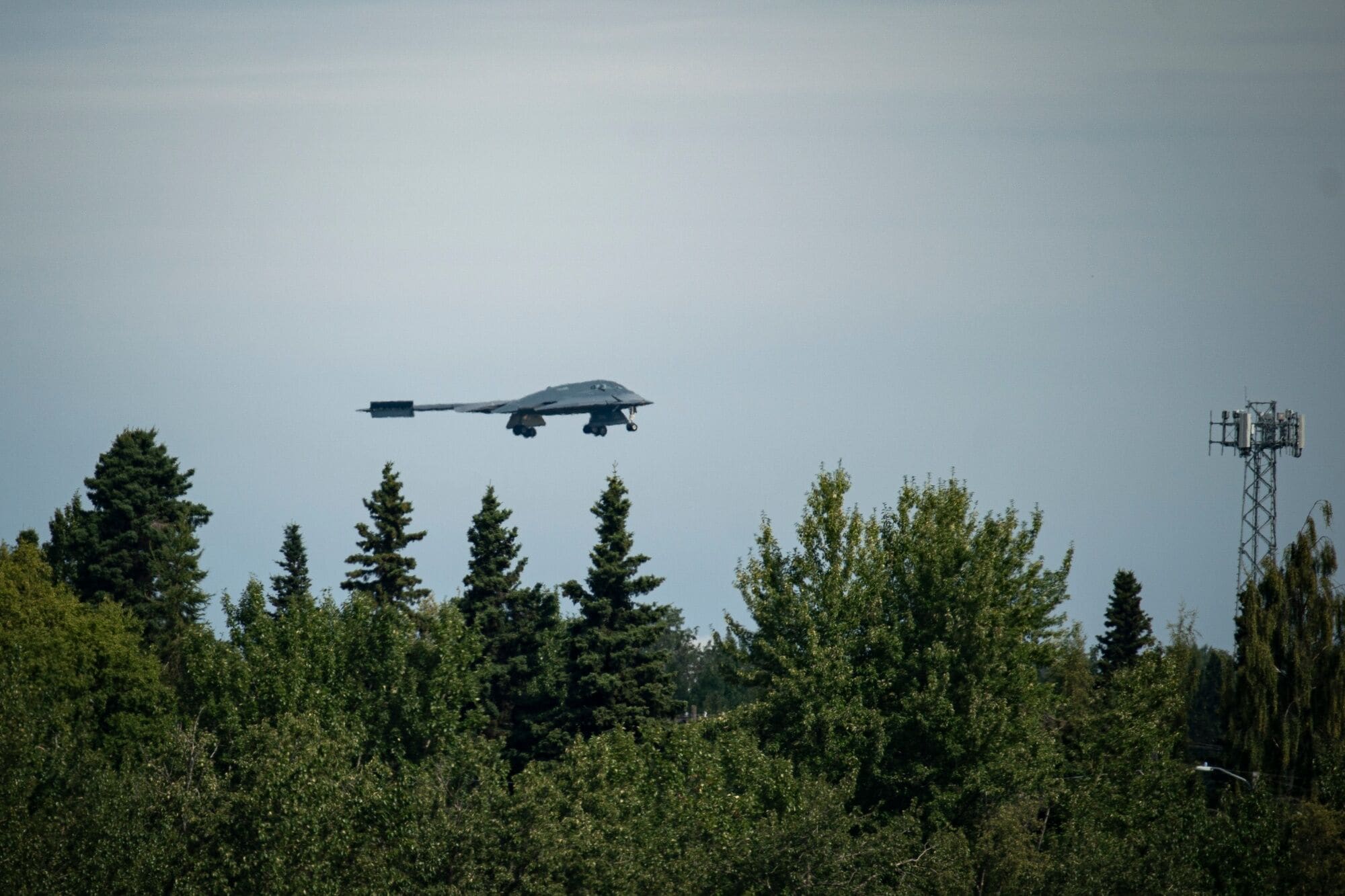 A B-2 stealth bomber approaches Joint Base Elmendorf-Richardson in Anchorage, Alaska, US, on Thursday, Aug. 14, 2025. (Bloomberg) A B-2 stealth bomber approaches Joint Base Elmendorf-Richardson in Anchorage, Alaska, US, on Thursday, Aug. 14, 2025. (Bloomberg)