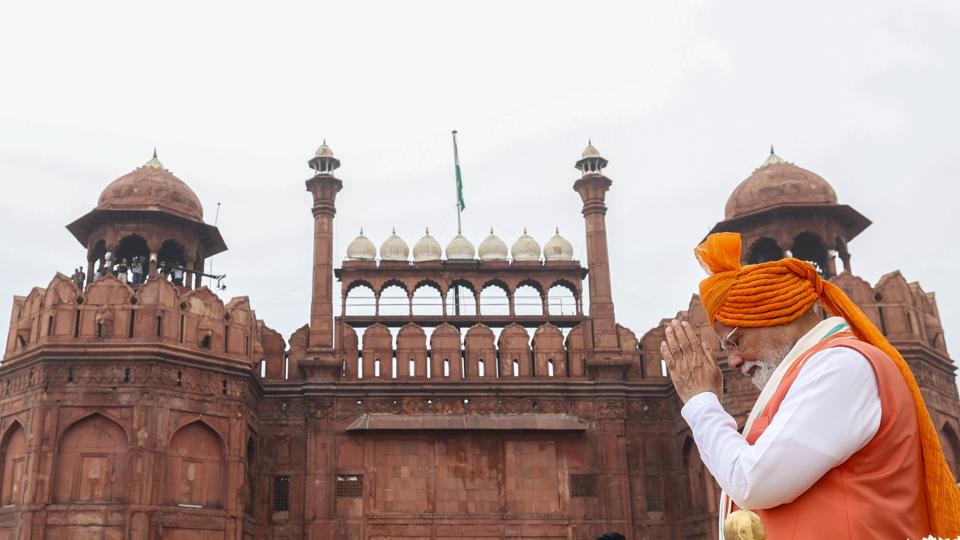 PM Modi gave a 103-minute-long address – his longest ever from the ramparts of the Red Fort. (PMO) PM Modi gave a 103-minute-long address – his longest ever from the ramparts of the Red Fort. (PMO)