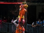 Govindas break the Dahi Handi by forming a human pyramid on the occasion of Gokulashtami festival in Mumbai, India. Aug 16, 2025.
