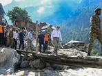 Jammu and Kashmir chief minister Omar Abdullah during his visit to Chisoti village in Kishtwar district on Saturday after a flash flood triggered by cloudburst led to damage and devastation. (PTI Photo)