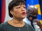 Mayor LaToya Cantrell speaks at the police headquarters in New Orleans, Feb. 2, 2022. 
