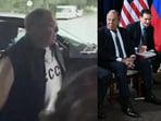Russian foreign minister Sergei Lavrov in a "USSR" sweatshirt before the Alaska summit (left), seated next to Vladimir Putin in a suit during the meeting with Donald Trump (right). Russian foreign minister Sergei Lavrov in a "USSR" sweatshirt before the Alaska summit (left), seated next to Vladimir Putin in a suit during the meeting with Donald Trump (right).