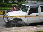 Security personnel stand guard near the Thar Vehicle which is seen at the spot of the accident at Mother Teresa Crescent Marg at Talkatora Parking, in New Delhi. Security personnel stand guard near the Thar Vehicle which is seen at the spot of the accident at Mother Teresa Crescent Marg at Talkatora Parking, in New Delhi.