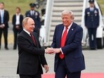 U.S. President Donald Trump shakes hand with Russian President Vladimir Putin, as they meet to negotiate for an end to the war in Ukraine, at Joint Base Elmendorf-Richardson in Anchorage, Alaska, U.S., August 15,