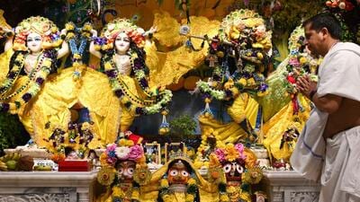 A priest performing rituals during Janmashtami at ISKCON in Gurugram on Saturday. (Parveen Kumar/HT Photo) A priest performing rituals during Janmashtami at ISKCON in Gurugram on Saturday. (Parveen Kumar/HT Photo)