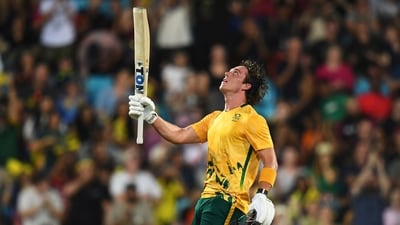 Dewald Brevis of South Africa celebrates his fifty. (AP) Dewald Brevis of South Africa celebrates his fifty. (AP)