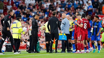 Referee Anthony Taylor during a stop in play after Bournemouth's Antoine Semenyo, second right, informs the referee of a possible racial comment from the crowd. (AP) Referee Anthony Taylor during a stop in play after Bournemouth's Antoine Semenyo, second right, informs the referee of a possible racial comment from the crowd. (AP)