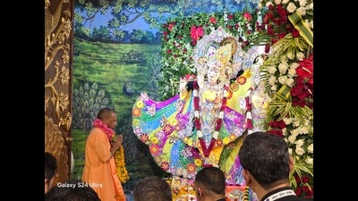 Chief minister Yogi Adityanath in a temple in Mathura on Janmashtami, on Saturday. (HT Photo) Chief minister Yogi Adityanath in a temple in Mathura on Janmashtami, on Saturday. (HT Photo)