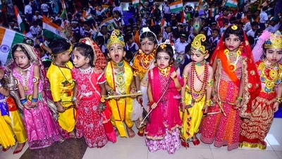 School children were seen dressed as Radha and Krishna in Bhubaneswar during the Janmashtami festival celebrations. (Sarangadhara Bishoi/ANI)