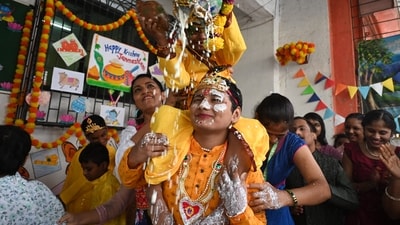 Special abled students dressed as Lord Krishna and Govindas break Handi on the occasion of Janmashtami at Asmita Special School, Kopar Khairane in Navi Mumbai.&nbsp; (Bachchan Kumar/ Hindustan Times)