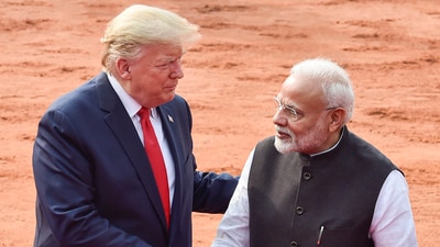 US President Donald Trump with Prime Minister Narendra Modi at Rashtrapati Bhavan, in New Delhi. (PTI File)
