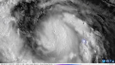 A satallite imagery shows Hurricane Erin, which the U.S. National Hurricane Center says has intensified into a category 2 hurricane, in this screengrab from a handout video from over Atlantic Ocean August 15, 2025. CSU/CIRA & NOAA/Handout via REUTERS    THIS IMAGE HAS BEEN SUPPLIED BY A THIRD PARTY. MANDATORY CREDIT (via REUTERS)