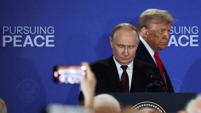 US President Donald Trump and Russian President Vladimir Putin hold a press conference following their meeting to negotiate an end to the war in Ukraine, at Joint Base Elmendorf-Richardson in Anchorage, Alaska. (REUTERS)